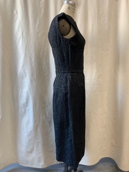 NO LABEL, Black, Silk, Solid, Brocade, Round Neck,  V-back, Sleeveless, Gathered Waist with Piping Trim