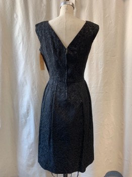 NO LABEL, Black, Silk, Solid, Brocade, Round Neck,  V-back, Sleeveless, Gathered Waist with Piping Trim