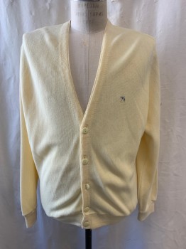 ARNOLD PALMER, Lt Yellow, Acrylic, Cardigan, Knit, V-neck, Single Breasted, Button Front, 5 Button, Small Embroidered Umbrella