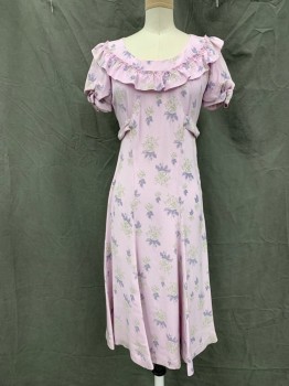 MTO, Lavender Purple, Gray, Green, Synthetic, Floral, Dots, Scoop Neck, Ruffle "Yoke", Short Sleeves, Gathered at Cuff with Self Bow, Side Zip, Princess Seam Piping, Side Waist Tab Belts with Clear Plastic Center Ring (one with Snap Closure Over Zipper), Silver Button Detail, Hem Below Knee,