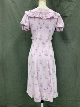 Womens, Dress, MTO, Lavender Purple, Gray, Green, Synthetic, Floral, Dots, W 26, B 32, Scoop Neck, Ruffle "Yoke", Short Sleeves, Gathered at Cuff with Self Bow, Side Zip, Princess Seam Piping, Side Waist Tab Belts with Clear Plastic Center Ring (one with Snap Closure Over Zipper), Silver Button Detail, Hem Below Knee,