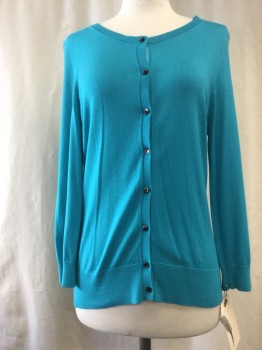 HALOGEN, Turquoise Blue, Viscose, Nylon, Solid, Button Front, 3/4 Sleeves