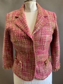 Womens, Suit, Jacket, JONATHAN MARTIN, Pink, Fuchsia Pink, Lt Peach, White, Beige, Acrylic, Speckled, Sz.16, Boucle, Single Breasted, Notched Lapel, 3 Transparent Pink Buttons, 2 Patch Pockets, Fringed Edges at Cuffs and Pockets, Light Pink Solid Lining