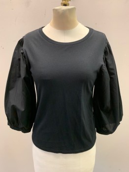 Womens, Top, TOPSHOP, Black, Modal, Cotton, Solid, 2, Knit Body, Ribbed Knit Crew Neck, Poplin Gathered 33/4 Blouse Sleeves with Closed Cuffs