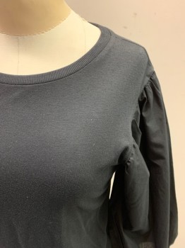 Womens, Top, TOPSHOP, Black, Modal, Cotton, Solid, 2, Knit Body, Ribbed Knit Crew Neck, Poplin Gathered 33/4 Blouse Sleeves with Closed Cuffs