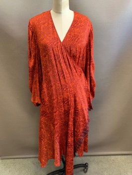 CHLOE, Tomato Red, Red Burgundy, Viscose, Acetate, Floral, Jacquard, Wrap Dress, Puffy 3/4 Sleeves, Wrapped V-Neck, Navy Embroidered Edges at Hip, Knee Length, Self Ties