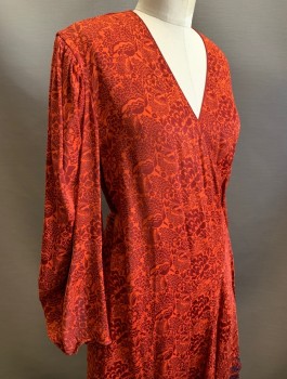 Womens, Dress, Long & 3/4 Sleeve, CHLOE, Tomato Red, Red Burgundy, Viscose, Acetate, Floral, Sz.4, Jacquard, Wrap Dress, Puffy 3/4 Sleeves, Wrapped V-Neck, Navy Embroidered Edges at Hip, Knee Length, Self Ties