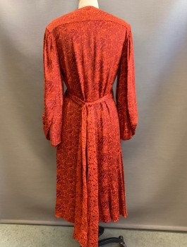 Womens, Dress, Long & 3/4 Sleeve, CHLOE, Tomato Red, Red Burgundy, Viscose, Acetate, Floral, Sz.4, Jacquard, Wrap Dress, Puffy 3/4 Sleeves, Wrapped V-Neck, Navy Embroidered Edges at Hip, Knee Length, Self Ties
