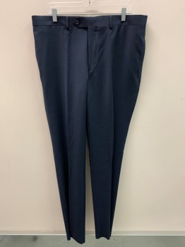 Mens, Suit, Pants, PRONTO UOMO, Navy Blue, Wool, Solid, Zip Front, Extended Waistband With Button, F.F, 4 Pockets, Creased Front