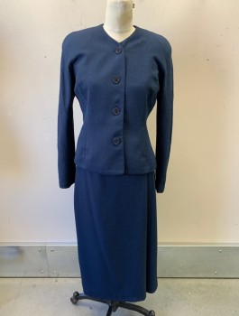 Womens, 1990s Vintage, Suit, Jacket, N/L MTO, Navy Blue, Wool, Solid, B:34, 4 Buttons, V-Neck, No Lapel, Padded Shoulders, Multiples, Made To Order