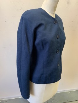 Womens, 1990s Vintage, Suit, Jacket, N/L MTO, Navy Blue, Wool, Solid, B:34, 4 Buttons, V-Neck, No Lapel, Padded Shoulders, Multiples, Made To Order