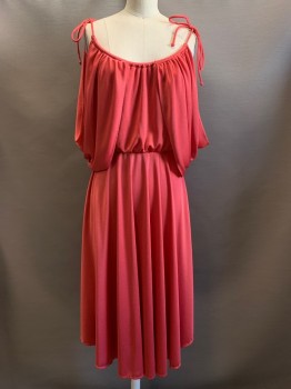 NO LABEL, Raspberry Pink, Polyester, Solid, Spaghetti Strap with Ties, Draped Off the Shoulder Sleeves, Scoop Neck, Elastic Waist Band, Back Zipper,