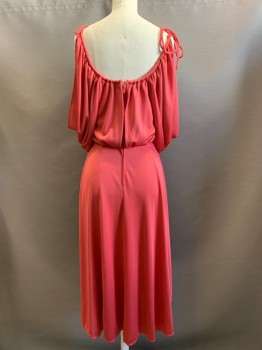 Womens, Dress, NO LABEL, Raspberry Pink, Polyester, Solid, W22, B34, Spaghetti Strap with Ties, Draped Off the Shoulder Sleeves, Scoop Neck, Elastic Waist Band, Back Zipper,