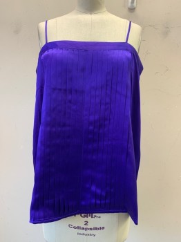 SHEBUE, Purple, Silk, Solid, Camisole, Satin, Spaghetti Strap, Squared Neck, Pleated Front, Elastic Back Band