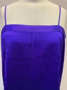 SHEBUE, Purple, Silk, Solid, Camisole, Satin, Spaghetti Strap, Squared Neck, Pleated Front, Elastic Back Band