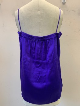 Womens, Top, SHEBUE, Purple, Silk, Solid, B38, Camisole, Satin, Spaghetti Strap, Squared Neck, Pleated Front, Elastic Back Band