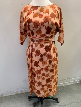 Womens, Dress, N/L, Apricot Orange, Rust Orange, Silk, Floral, W:32, B:38, H:40, 3/4 Sleeves, Bateau/Boat Neck, Self Waistband with Belt Tabs at Back Waist with Snaps, Knee Length, Straight Fit in Hips, Center Back Zipper,