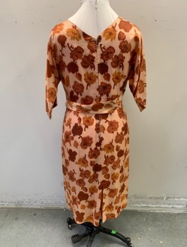 Womens, Dress, N/L, Apricot Orange, Rust Orange, Silk, Floral, W:32, B:38, H:40, 3/4 Sleeves, Bateau/Boat Neck, Self Waistband with Belt Tabs at Back Waist with Snaps, Knee Length, Straight Fit in Hips, Center Back Zipper,