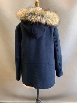 Childrens, Coat, ZARA, Navy Blue, Wool, 13/14, Hood With Faux Fur Trim, Zip Front, 2 Patch Pockets
