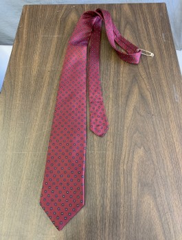 Mens, Tie, FERRELL REED FOR RSM, Maroon Red, Black, Gray, Cream, Silk, Medallion Pattern, Tiny Circular Medallions, Four in Hand, 3.5" Wide