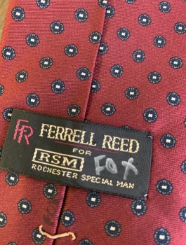 Mens, Tie, FERRELL REED FOR RSM, Maroon Red, Black, Gray, Cream, Silk, Medallion Pattern, Tiny Circular Medallions, Four in Hand, 3.5" Wide