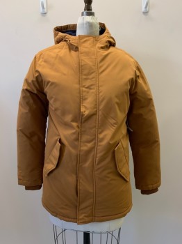 OLD NAVY, Burnt Orange, Polyester, Cotton, Solid, Youth Winter Jacket, Stand Collar, Hooded With Navy Sherpa Lining, Z.F., Hidden Zipper, 2 Diagonal Flap Pckts, Velcro Front