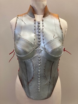 Womens, Sci-Fi/Fantasy Breastplate, NO LABEL, Caramel Brown, Silver, Leather, B: 34, Band Collar, Spray Painted Silver, Stitching Detail,  Silver Studs Down The Center, Side And Back Red Lacing, Made To Order
