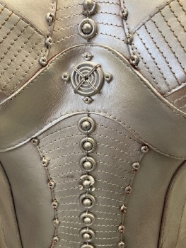 Womens, Sci-Fi/Fantasy Breastplate, NO LABEL, Caramel Brown, Silver, Leather, B: 34, Band Collar, Spray Painted Silver, Stitching Detail,  Silver Studs Down The Center, Side And Back Red Lacing, Made To Order