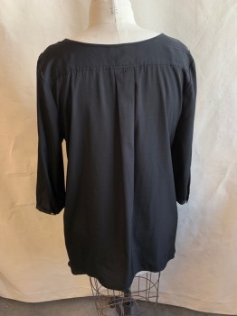 Womens, Blouse, 14TH & UNION, Black, Polyester, Solid, L, V-neck, 2 Buttons Half Placket, Long Sleeves