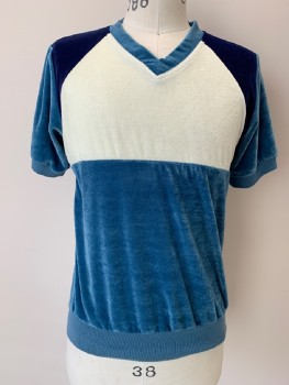NEWPORT, Blue, Navy Blue, White, Acrylic, Polyester, Color Blocking, S/S, V Neck, Textured Fabric