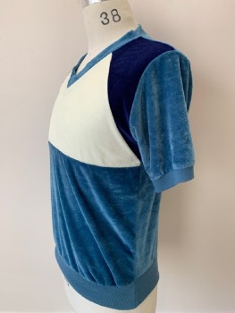 Mens, Shirt, NEWPORT, Blue, Navy Blue, White, Acrylic, Polyester, Color Blocking, M, S/S, V Neck, Textured Fabric
