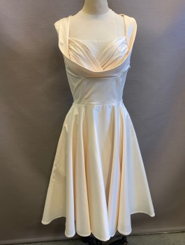 CANDICE GWINN, Cream, Polyester, Cotton, Solid, Stretchy Sateen, Sleeveless, Cowl/Gathered Sweetheart Neckline, Flared Circle Skirt, Knee Length, Retro Pinup 50's Inspired, Invisible Zipper at Side