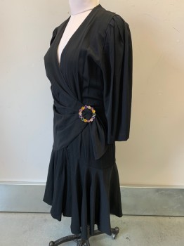Womens, Evening Gown, Bb Collection, Black, Polyester, Solid, W29, B38, H38, L/S, Low Cut V Neck, Wrap Around, Multi Color Gem Buckle, Pleated,