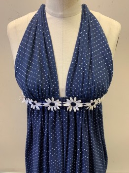 Shareen, Navy Blue, White, Polyester, Polka Dots, Halter Top, Ribbon  Neck Tie, Elastic Waist Band with Embroiderred Flowers,