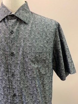 Mens, Casual Shirt, TASSO ELBA, Silver, White, Cotton, Paisley/Swirls, L, S/S, Button Front, Collar Attached, Chest Pocket