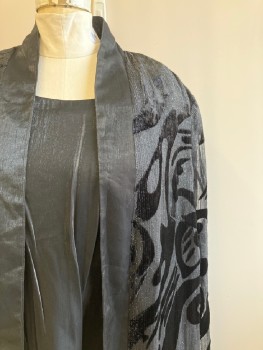 R+M RICHARDS, Black, Metallic, Rayon, Polyester, Swirl , Round Neck. Attached Cover Up With Shawl Collar And Sheer L/S, Swirl Velvet Detail,