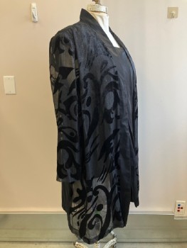 R+M RICHARDS, Black, Metallic, Rayon, Polyester, Swirl , Round Neck. Attached Cover Up With Shawl Collar And Sheer L/S, Swirl Velvet Detail,