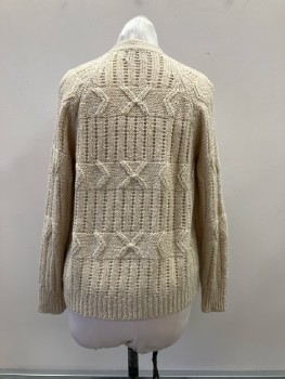 Womens, Sweater, PARTNERS II, B:38, Beige Polyester Cardigan, Patterned Knit, 1 Btn Closure At CN, Raglan L/S,