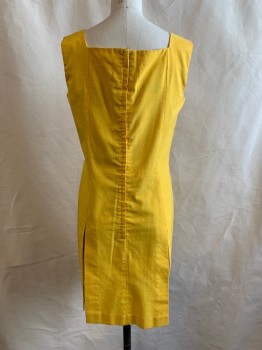 MISS JANE MIAMI, Goldenrod Yellow, Green, Orange, Yellow, Cotton, Floral, Square Neckline, Wide Straps, Floral Embroidery Down Front, 4 High Slits, Zip Back, Hem Above Knee