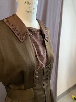 Womens, Dress, Piece 1, 1890s-1910s, NL, Burnt Umber Brn, Wool, Solid, B.38, Top - Slvls, C.A., Layered, Fastened at Center with Hooks, Chest Cover Attached, Sewn on & Attached with Snap Buttons, 2 Sets of Decorative Buttons Above Waist & 2 Below Waist, Collar Decorated with Tube Like Stones