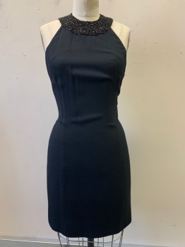 Womens, Evening Gown, TAHARI, Black, Rayon, Solid, W26, B34, Halter Neck, Beaded Neck And Back Strip, Side Zipper