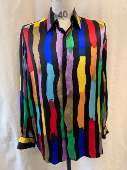 GENELLI, Black, Red, Yellow, Khaki Brown, Purple, Silk, Stripes - Vertical , Color Blocking, Collar Attached, Button Front, Long Sleeves