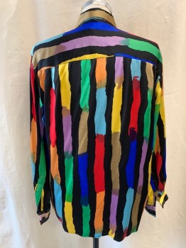 GENELLI, Black, Red, Yellow, Khaki Brown, Purple, Silk, Stripes - Vertical , Color Blocking, Collar Attached, Button Front, Long Sleeves