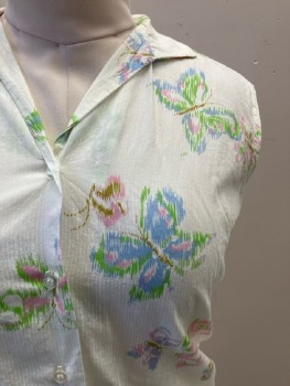 Womens, Shirt, GAYLORD, B: 40, Off White/ Multi-color, Butterfly Print, C.A., Sleeveless, B.F.