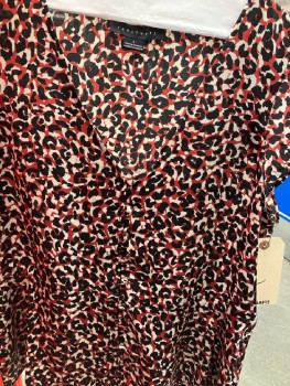 SANCTUARY, Dull Red/Black/Cream Leopard, V-N, Button/Loop Close Front, Cap Sleeves