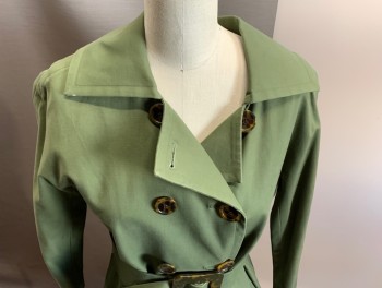 CHARLES NOLAN, Olive Green, Cotton, Spandex, Solid, 2 PC., Double Breasted, C.A., with Belt, 2 Pckts, 3/4 Slvs