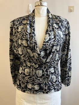 NORDSTROM, Black with Gray Floral Silk Jacquard, DB. Opening, Draped Surplice Vn, L/S, with Button Cuffs, Shoulderpads