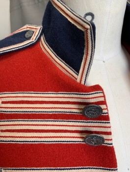 Mens, Historical Fiction Jacket, M.B.A. LTD LONDON, Red, Navy Blue, Cream, Wool, C:36, Military Naval Jacket Early 1800's, Heavy Felted Material, Stand Collar, Epaulettes, Silver Embossed Buttons, Cream Twill Lining, Made To Order