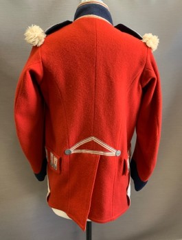 Mens, Historical Fiction Jacket, M.B.A. LTD LONDON, Red, Navy Blue, Cream, Wool, C:36, Military Naval Jacket Early 1800's, Heavy Felted Material, Stand Collar, Epaulettes, Silver Embossed Buttons, Cream Twill Lining, Made To Order