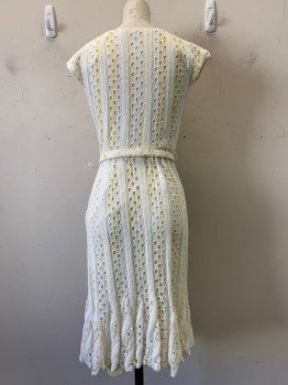Womens, Dress, Piece 1, EVA FRANCO, White, Yellow, Cotton, Spandex, Stripes, Circles, 2, S/S, Crew Neck With Knot Detail, Pleated Bottom, Side Zippers